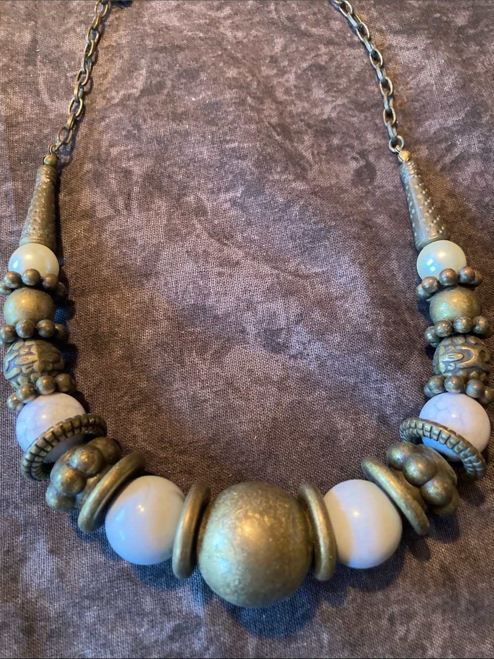 Statement White and Antiqued Gold Bead Necklace